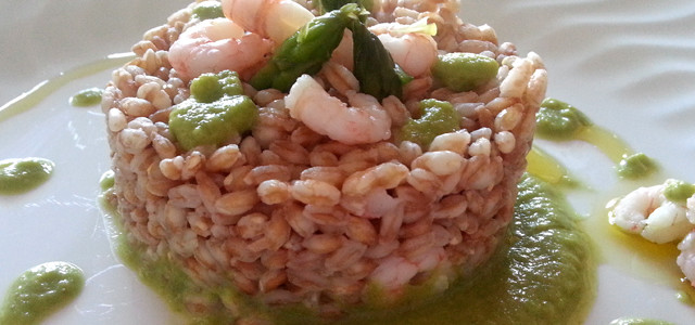 Farro e gamberetti su crema di asparagi